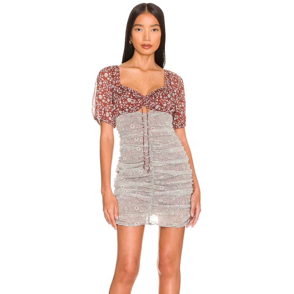 Free People Tessa Floral Print Ruched Mini Dress Size S Puff Sleeves Open Back